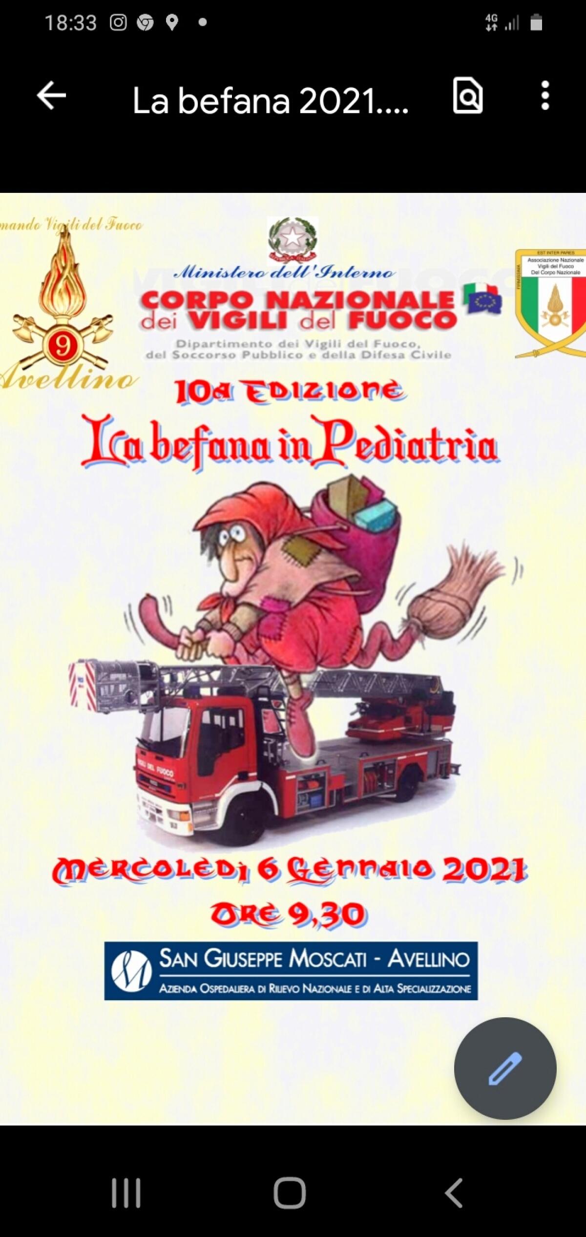 Vigili del Fuoco di Avellino: domani 6 Gennaio al Moscati, la Befana in Pediatria - 