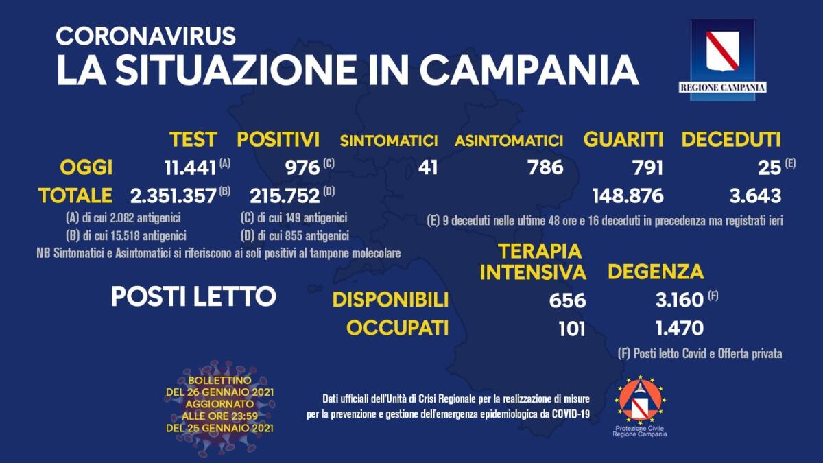 Covid-19.In Campania 976 positivi su 11441 tamponi - 