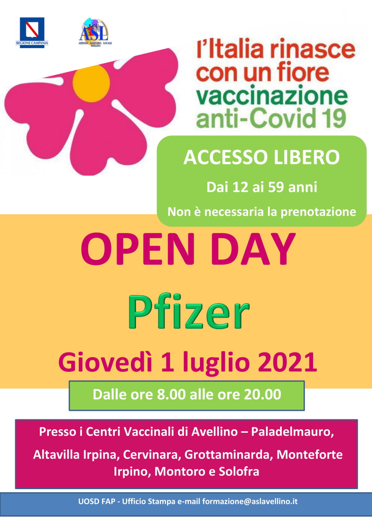 Giovedì primo luglio l’Open Day Pfizer ad accesso libero promosso dall’Asl di Avellino - 