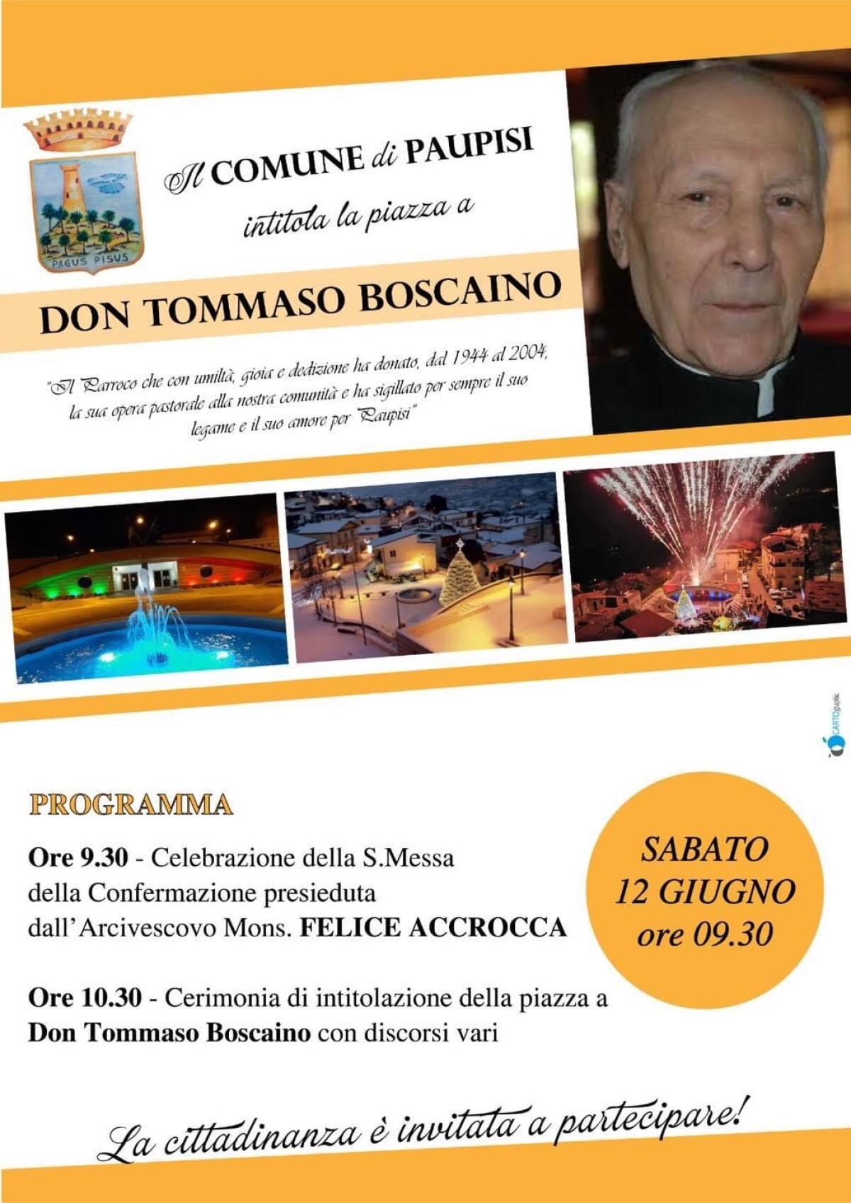 Paupisi. Sabato 12 giugno intitolazione della piazza antistante l’edificio comunale a don Tommaso Boscaino - 