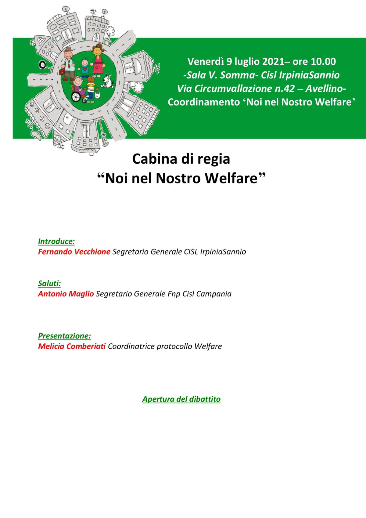 Convocazione cabina di regia del protocollo “ Noi nel Nostro Welfare” - 