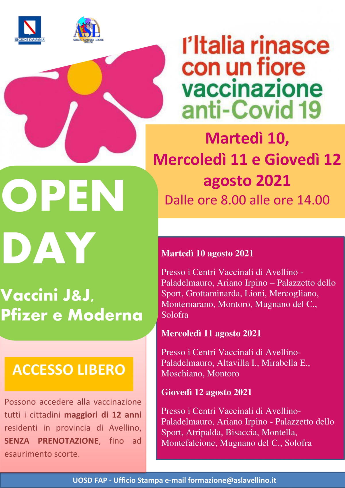 Martedì 10, mercoledì 11 e giovedì 12 agosto 2021 la tre giorni di Open Day presso i Centri Vaccinali dell’Asl di Avellino - 