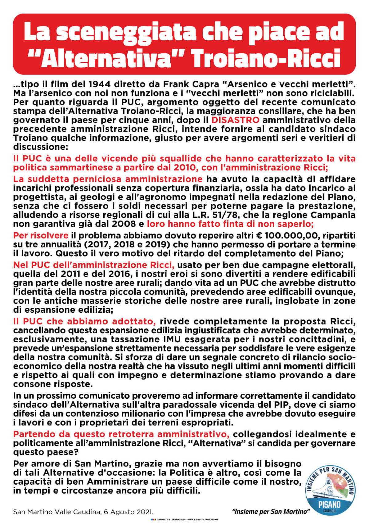 San Martino V.C. La sceneggiata che piace ad “Alternativa” Troiano-Ricci - 