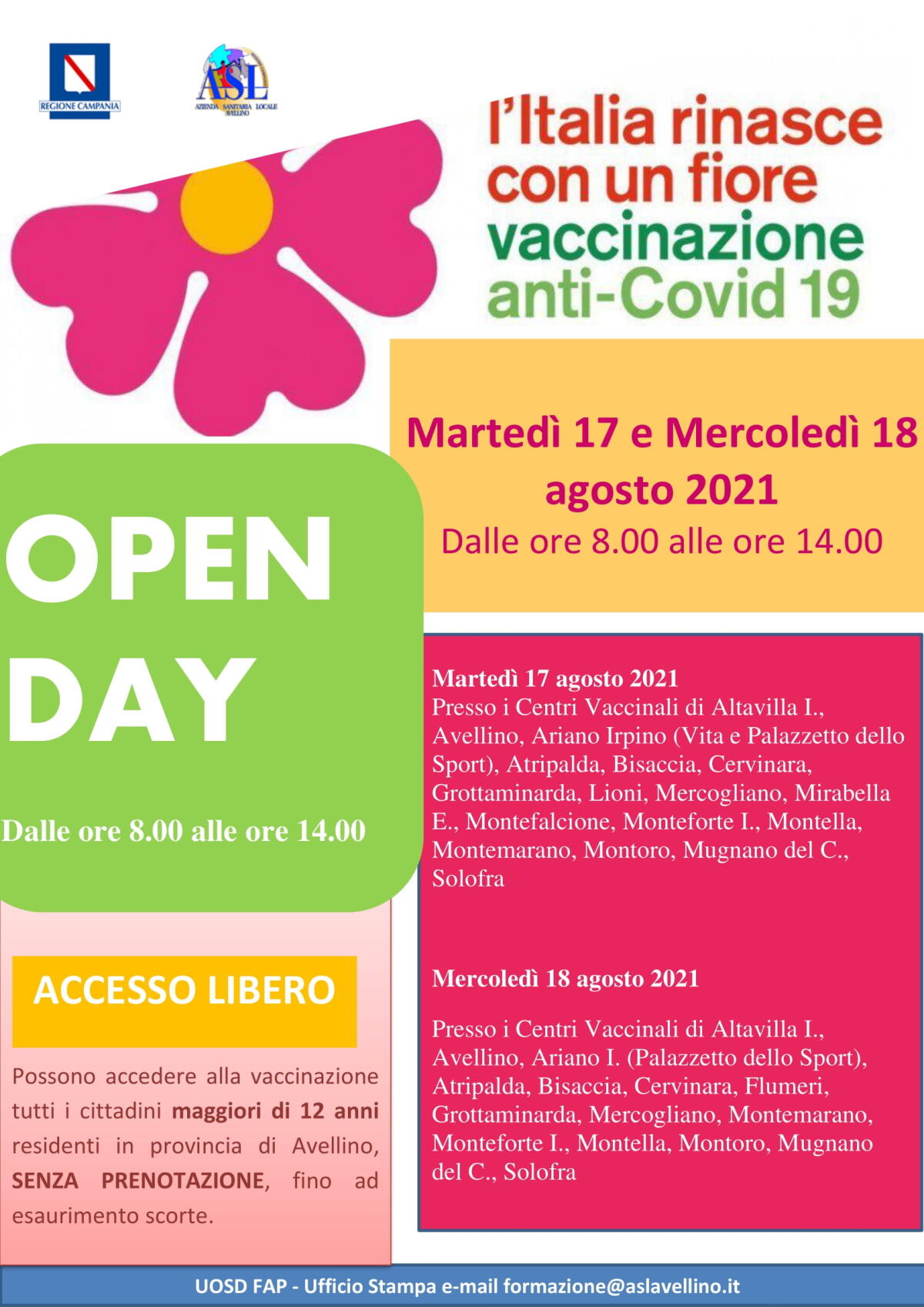 Avellino. Campagna vaccinale anti covid, open day in tutti i centri vaccinali - 