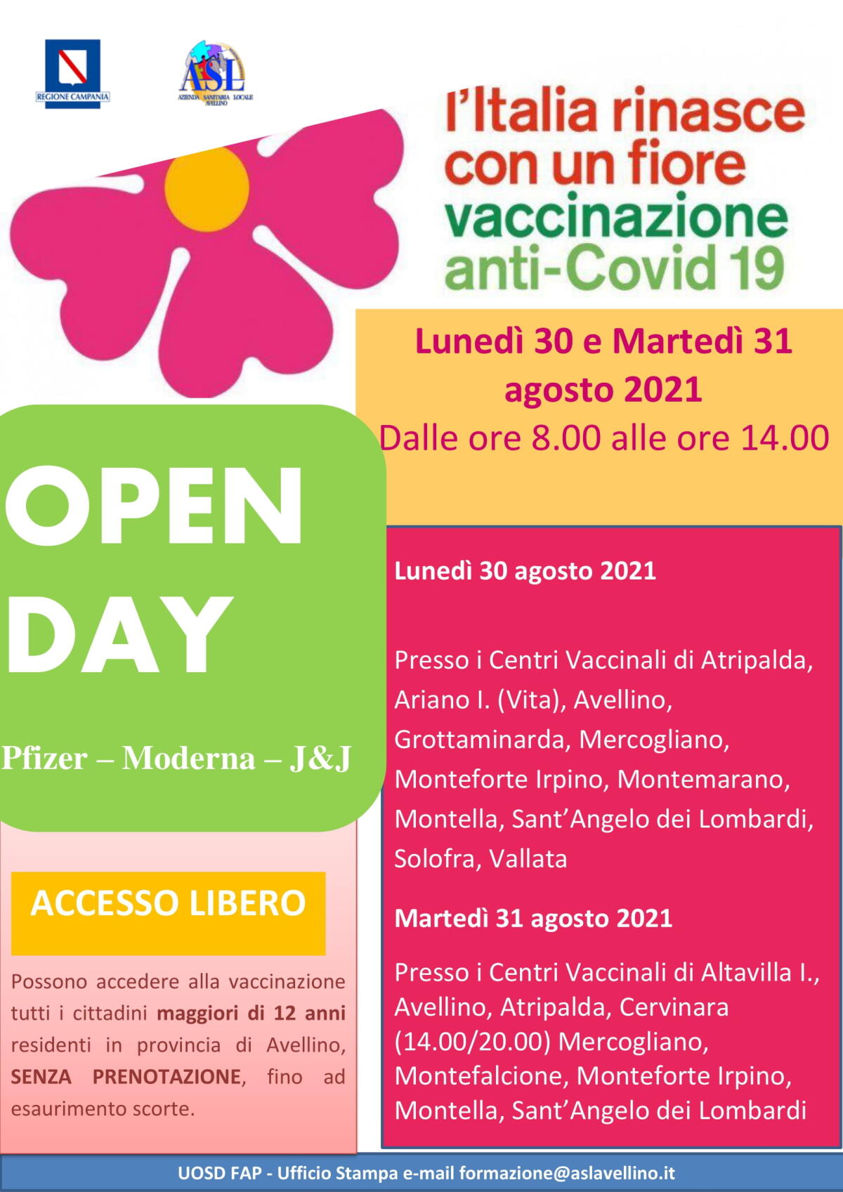 Asl Av: campagna vaccinale anti-covid, open day lunedi e martedi - 