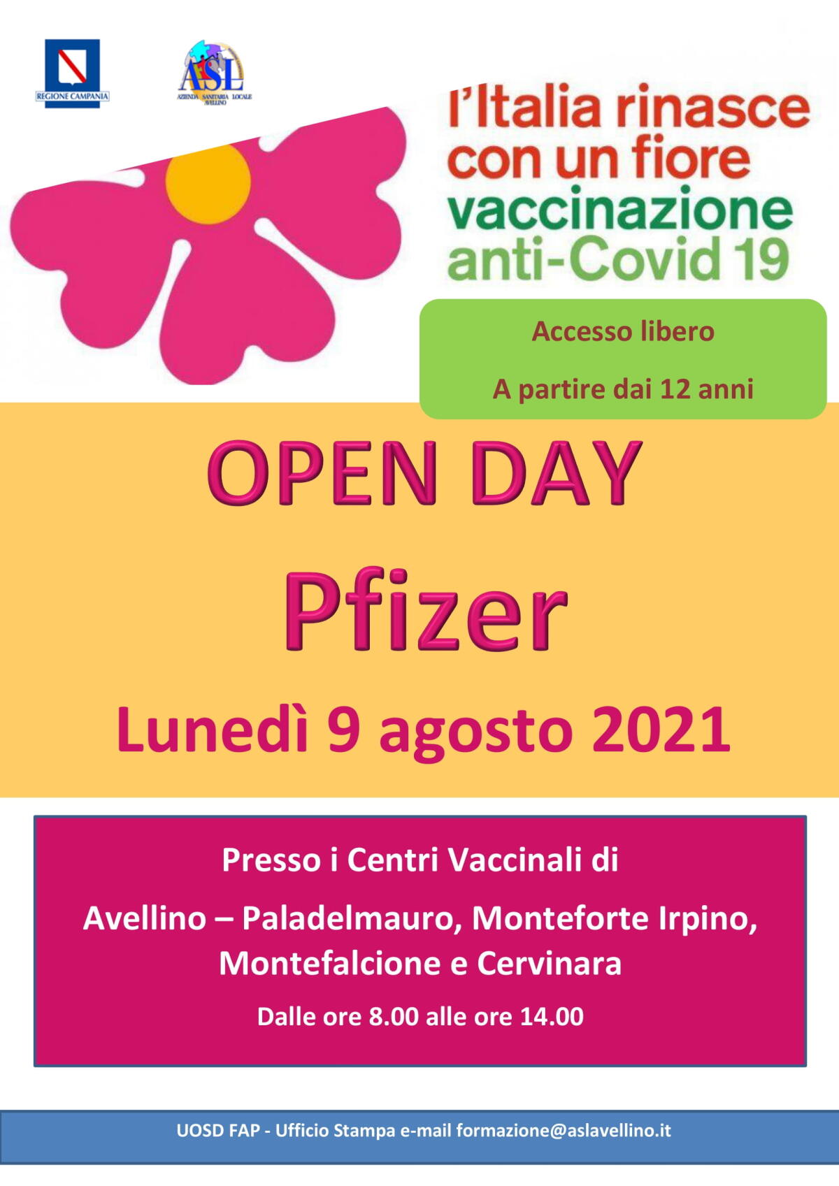Open day Pfizer lunedi 9 Agosto, accesso libero a partire dai 12 anni. - 