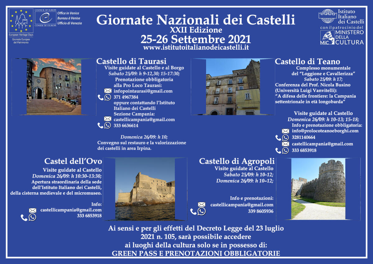 Le Giornate Nazionali dei Castelli a Taurasi, Teano, Agropoli e Napoli - 