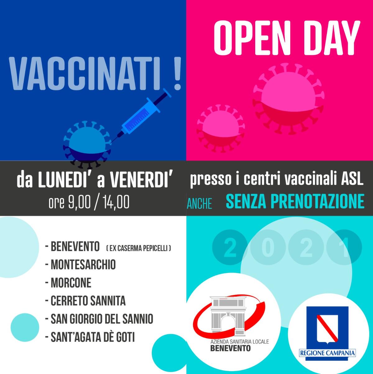 Asl Bn. Da lunedi prossimo gli hub vaccinali saranno aperti dal lunedi al venerdi, dalle ore 9,00 alle ore 14,00 - 