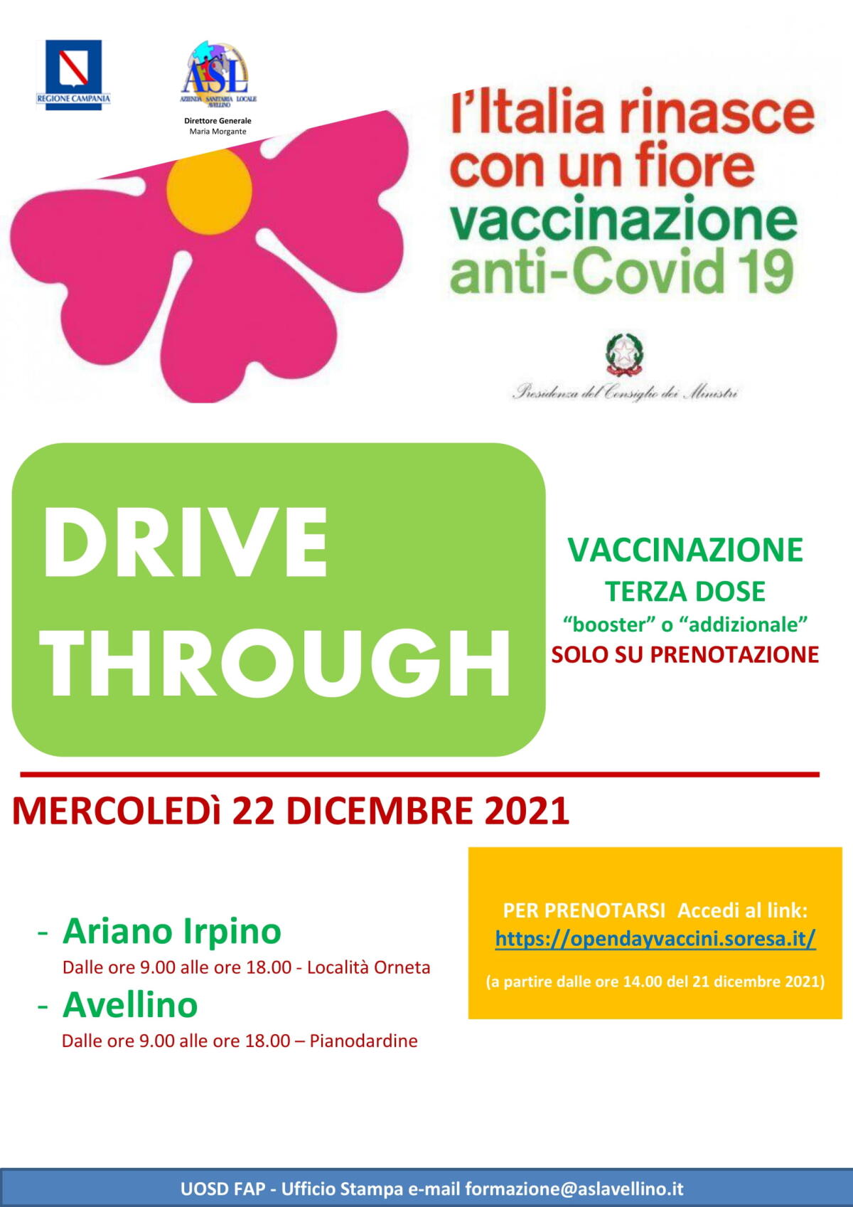 Mercoledì 22 dicembre saranno attivi i Drive through di Avellino e Ariano Irpino per la vaccinazione anti-covid - 