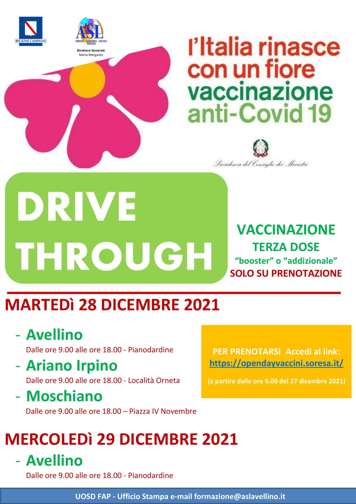 Campagna Vaccinale,  28 e 29 Dicembre Drive Through su prenotazione - 