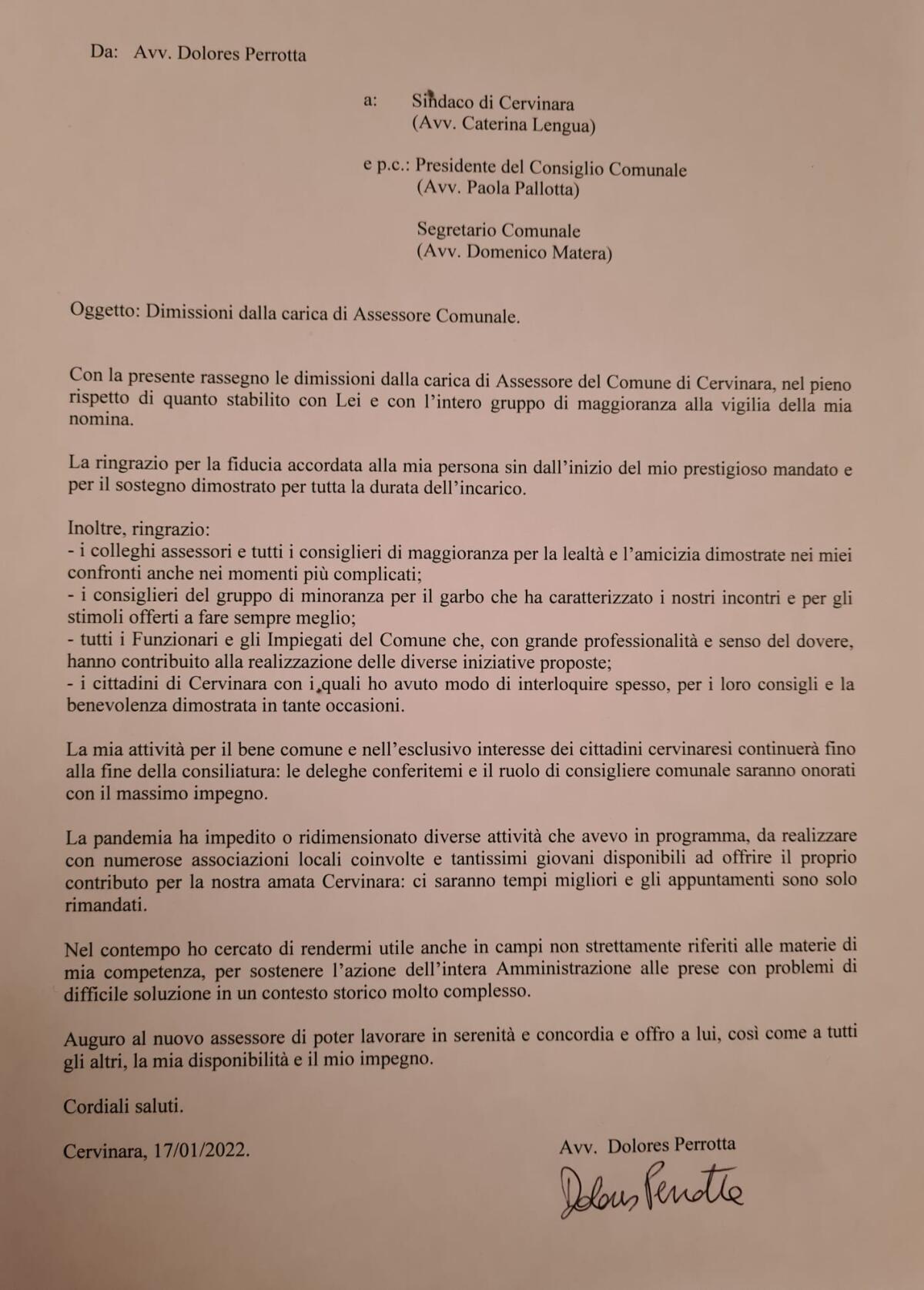 Cervinara. Si dimette l'Assessore Dolores Perrotta - 