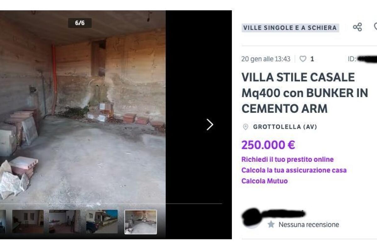 In Irpinia in vendita una villa con bunker in cemento armato attrezzabile come rifugio in caso malaugurato di guerra nucleare batteriologica e chimica - 