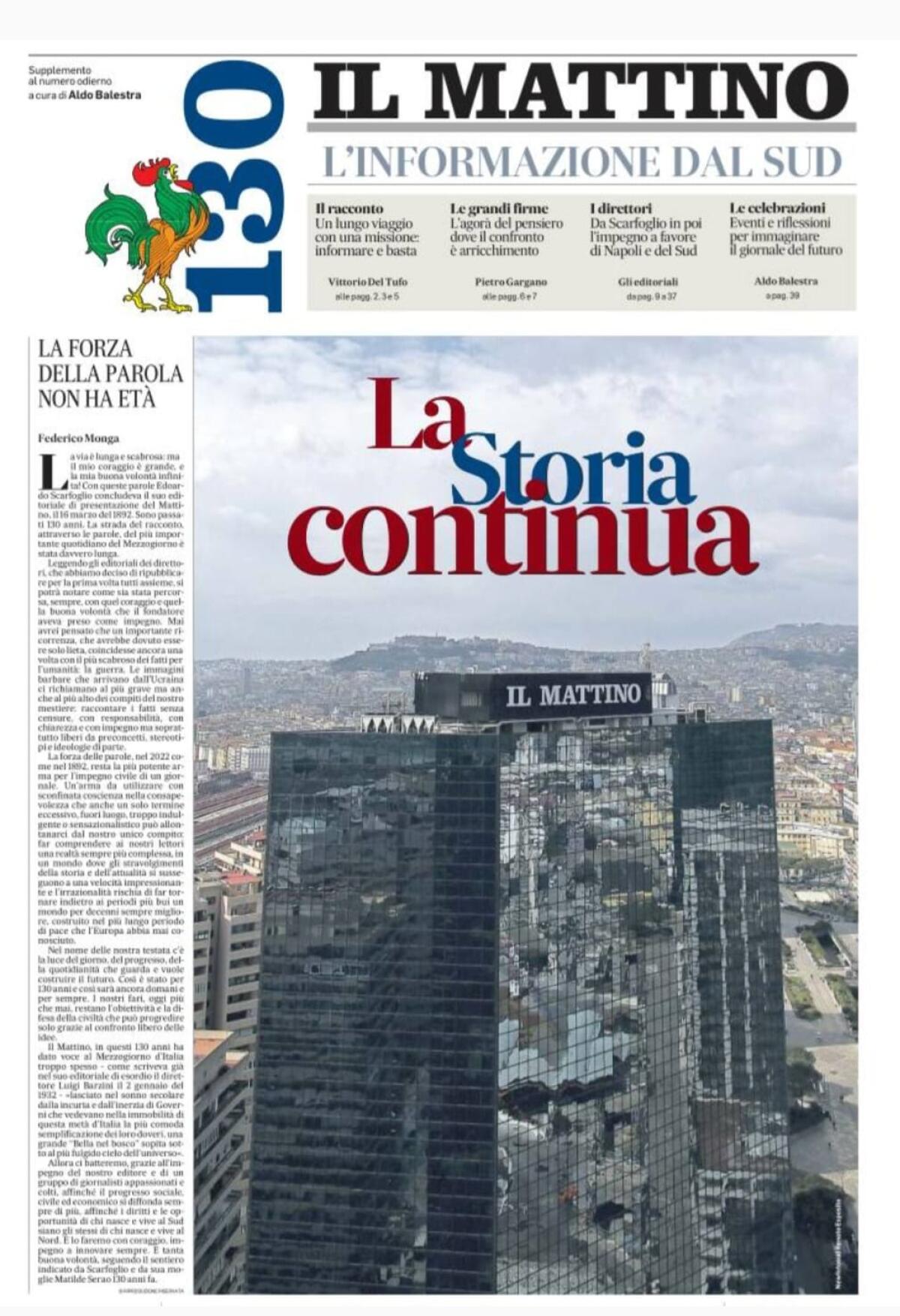 Auguri al “Mattino" di Napoli, il più antico quotidiano del Mezzogiorno, che ha compiuto 130 anni - 