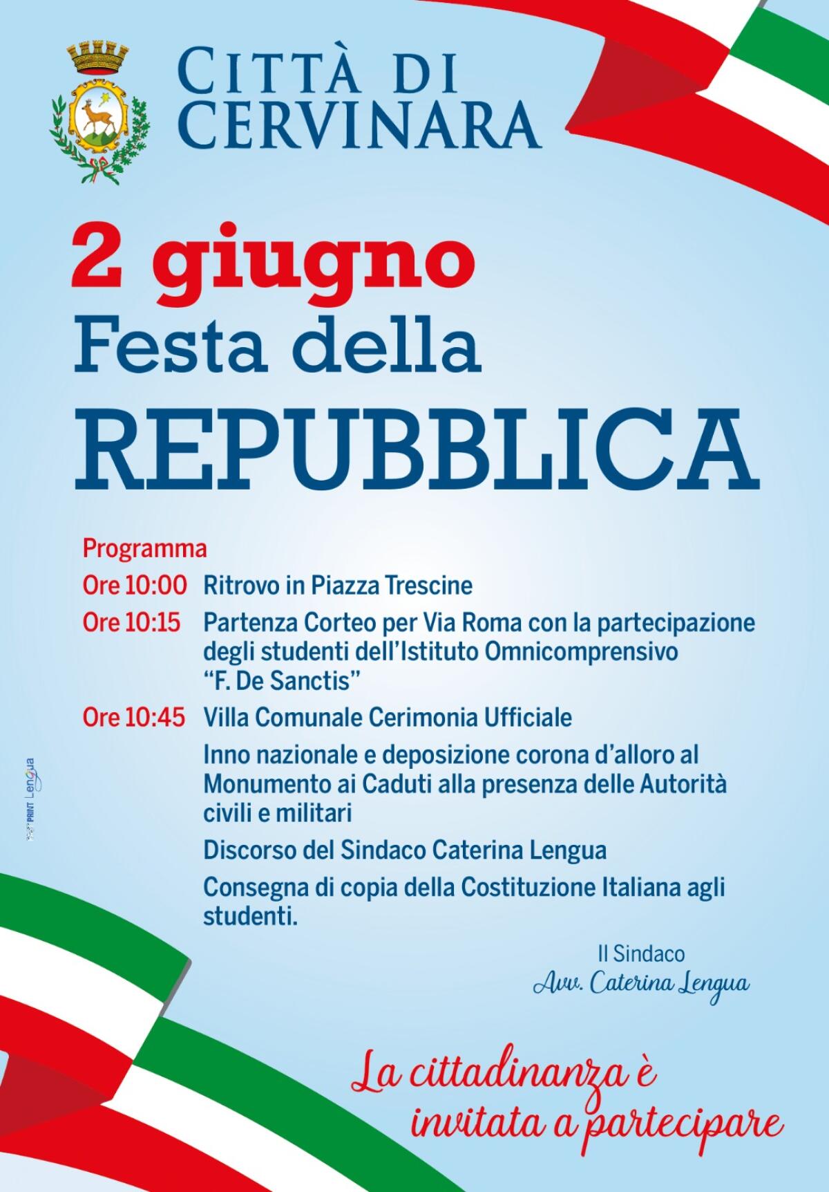 Cervinara. Celebrazioni per il 76° anniversario della proclamazione della Repubblica Italiana - 