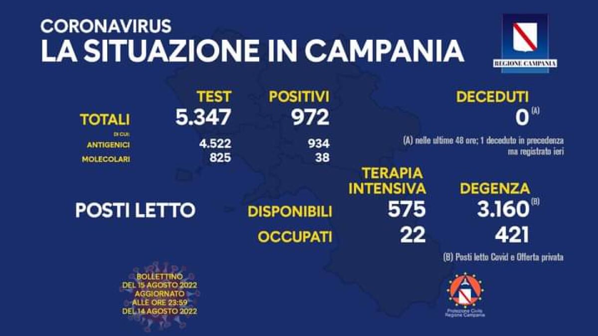 Covid. In Campania 972 positivi su 5347 test - 