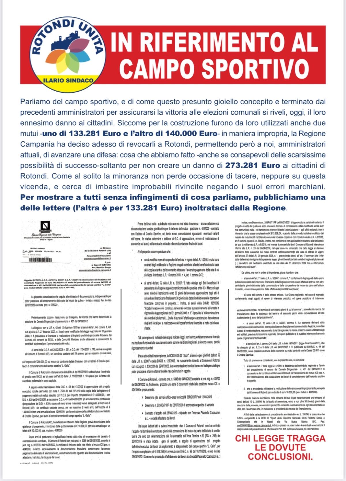 Campo sportivo di Rotondi, la nota del sindaco Giuseppe Ilario - 