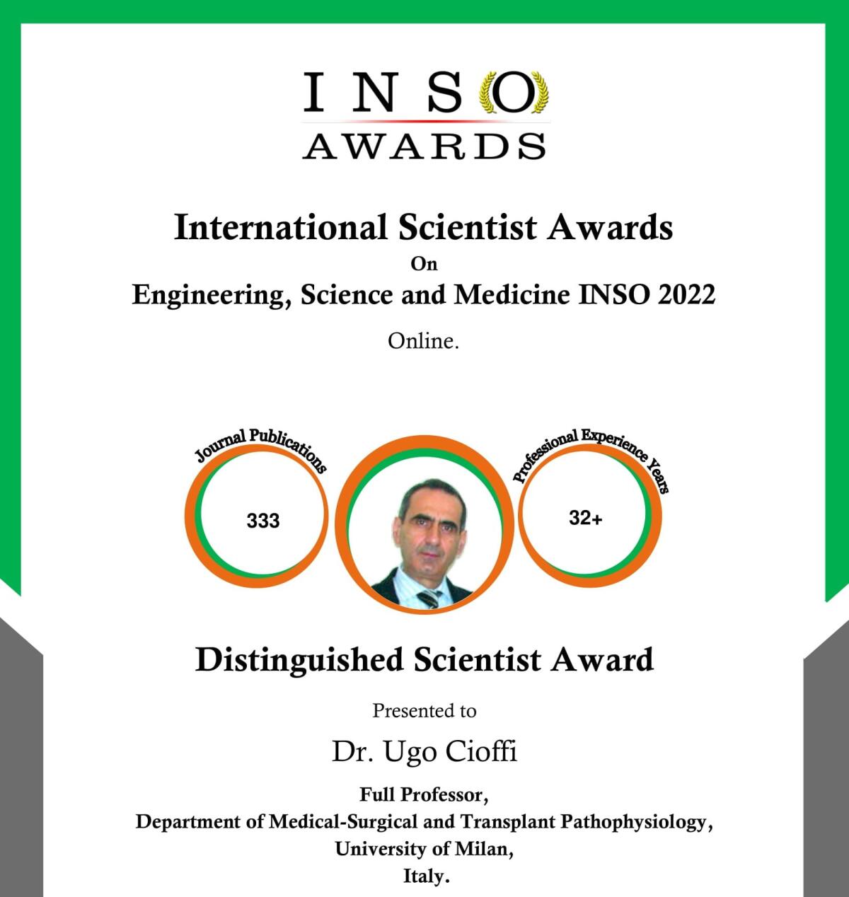 Anche l'India premia il prof. Dott. Ugo Cioffi per la qualità delle sue ricerche in campo chirurgico-oncologico - 