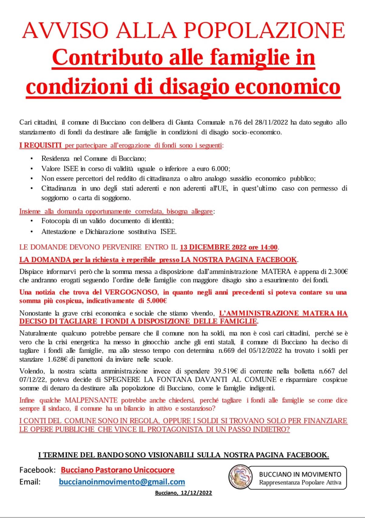 Bucciano in Movimento: amministrazione Matera taglia fondi per famiglie - 