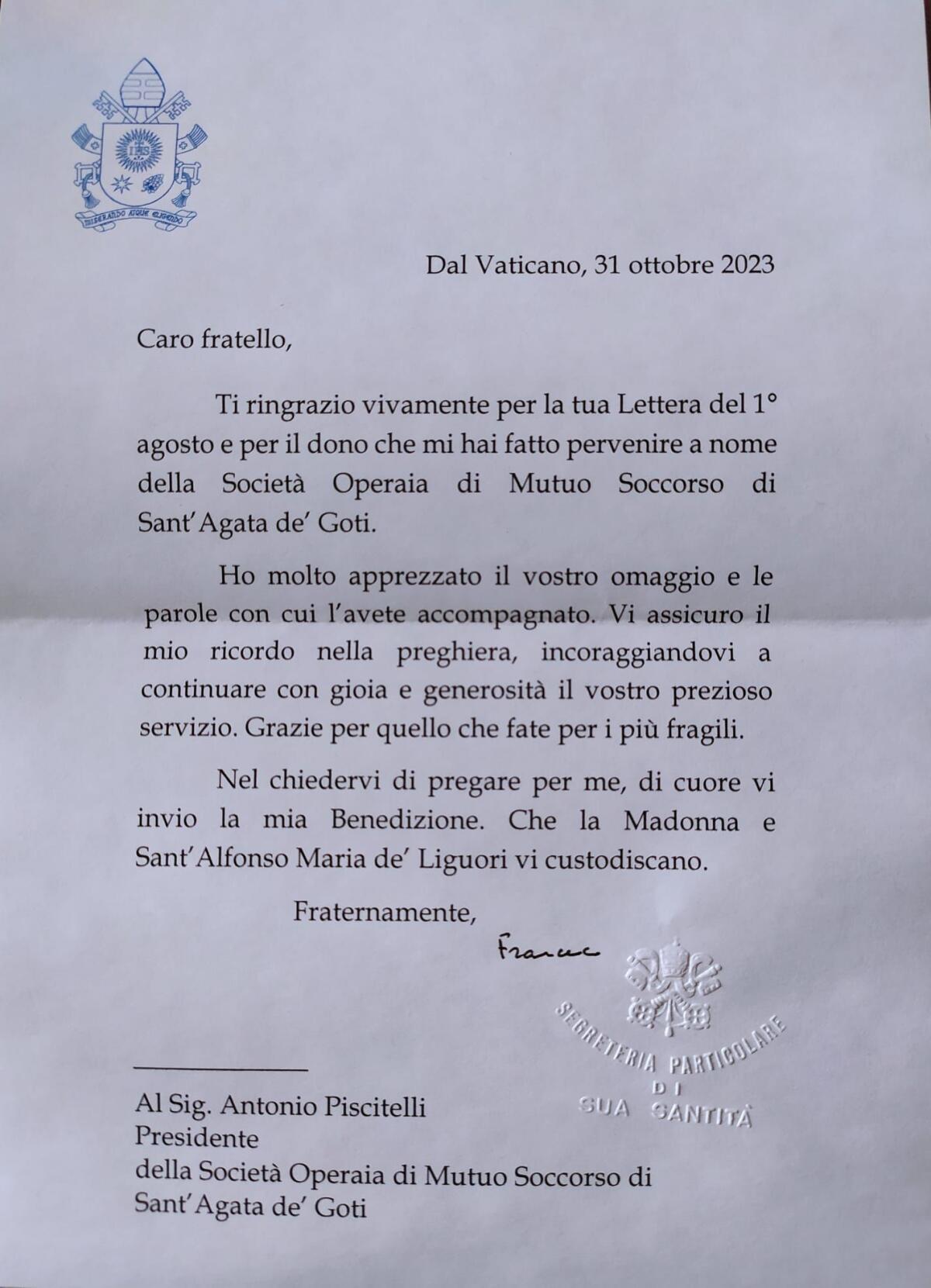 Papa Francesco ringrazia la Società Operaia di Mutuo Soccorso di Sant’Agata de’Goti - 