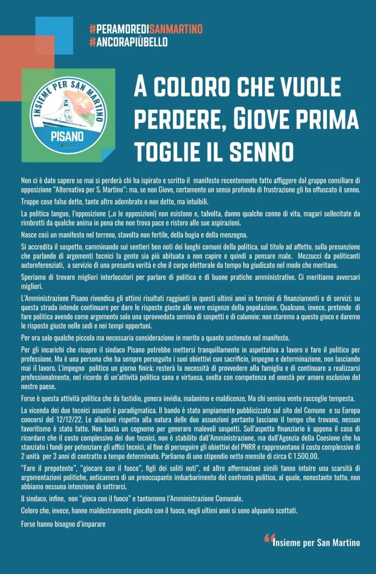 Insieme per San Martino: a coloro che vuole perdere, Giove prima toglie il senno - 