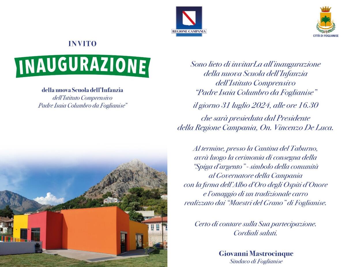 Presidente De Luca inauguerà nuovo edificio scolastico a Foglianise - 