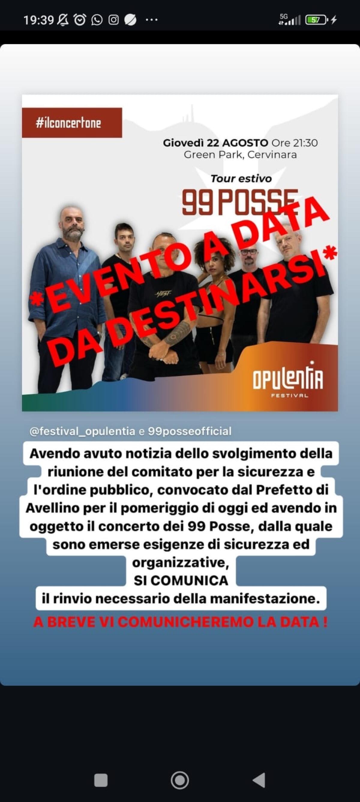 Cervinara. Annullato anche il concerto dei 99 Posse - 