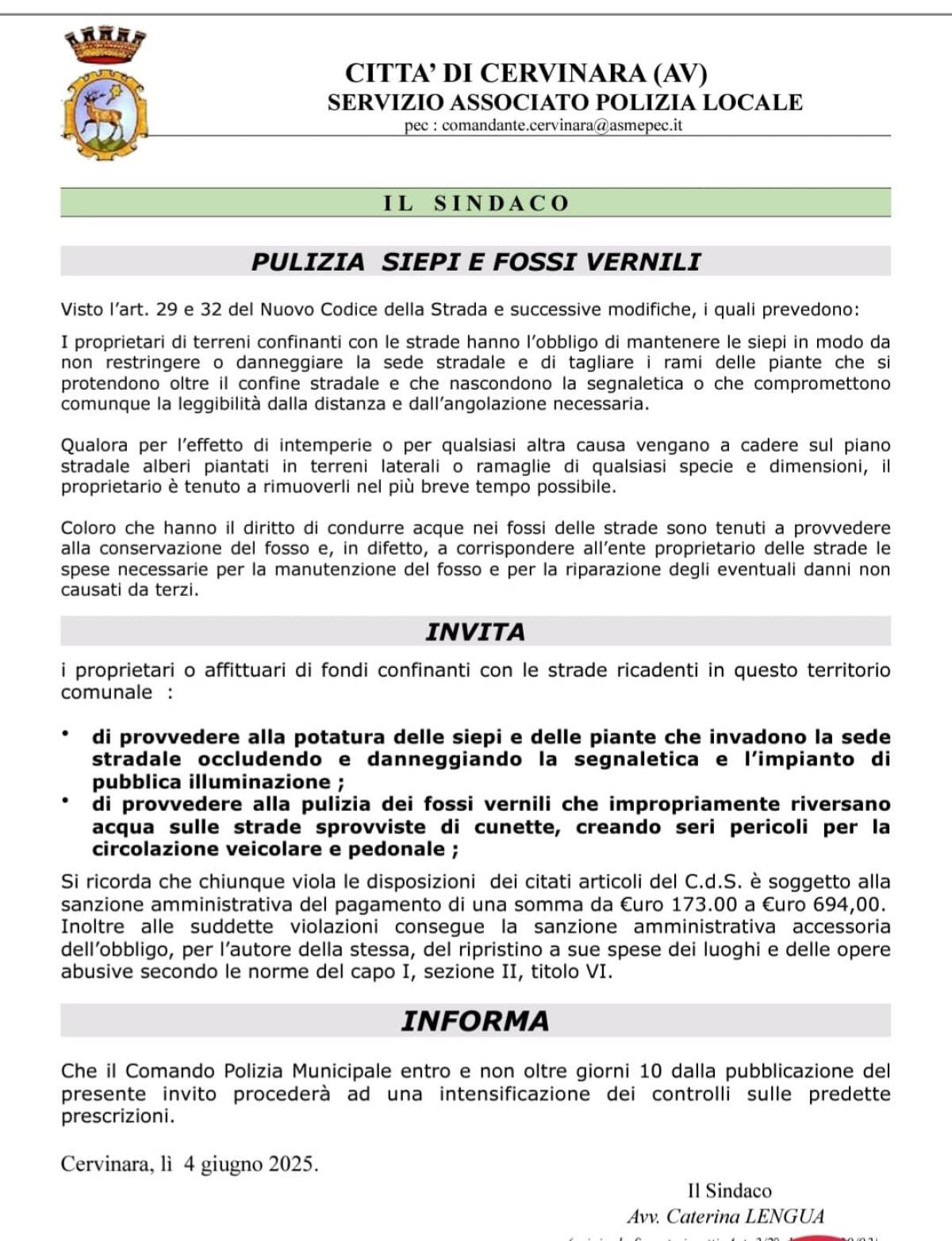 Cervinara. Pulizia di siepi e fossi vernili entro dieci giorni - 