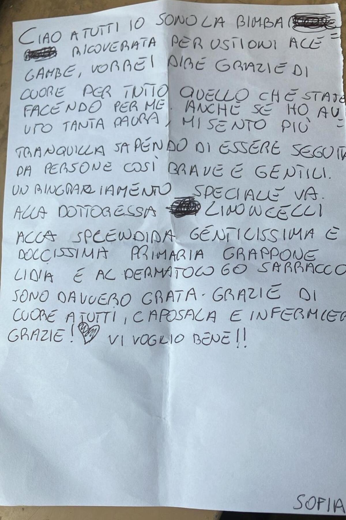 Bimba rimasta ustionata in incendio macchina da scontro ringrazia medici del San Pio - 