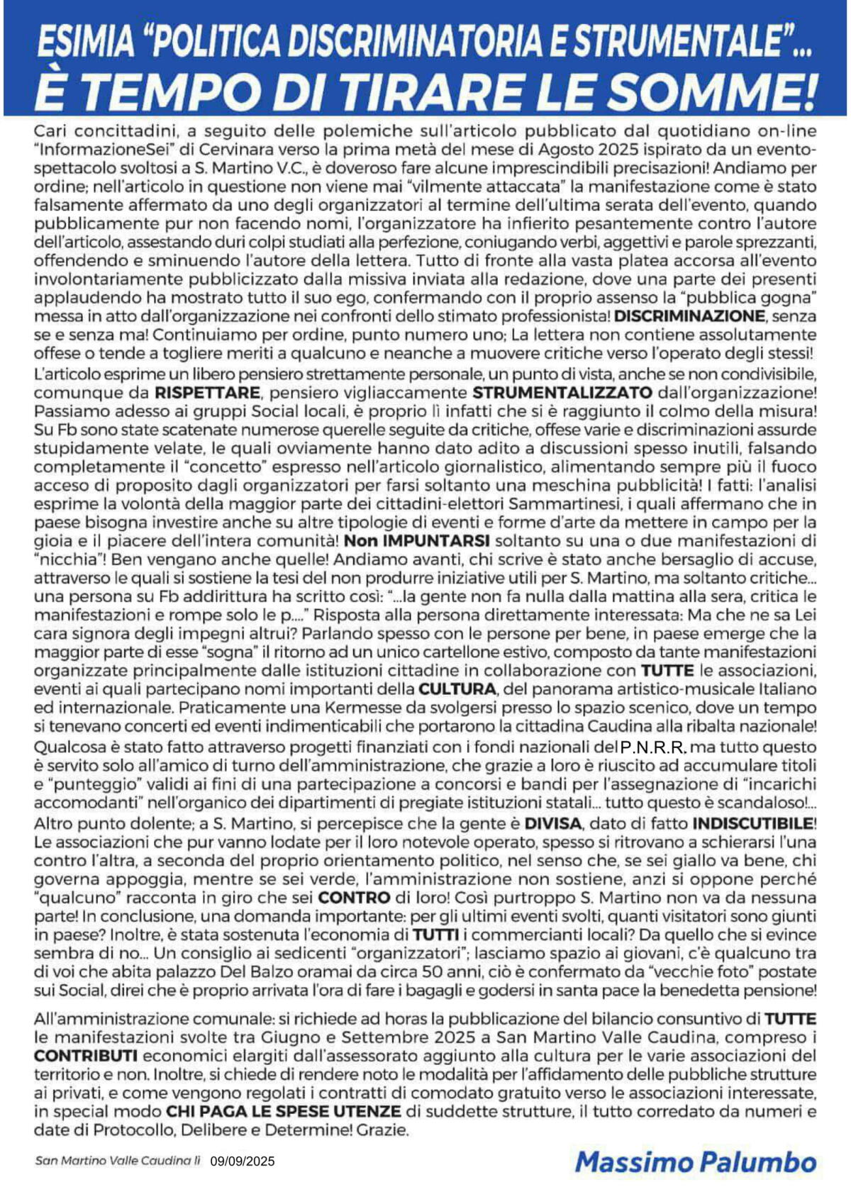 San Martino V.C. Esimia "Politica Discriminatoria e Strumentale"  E' tempo di tirare le somme! Lettera aperta di Massimo Palumbo - 