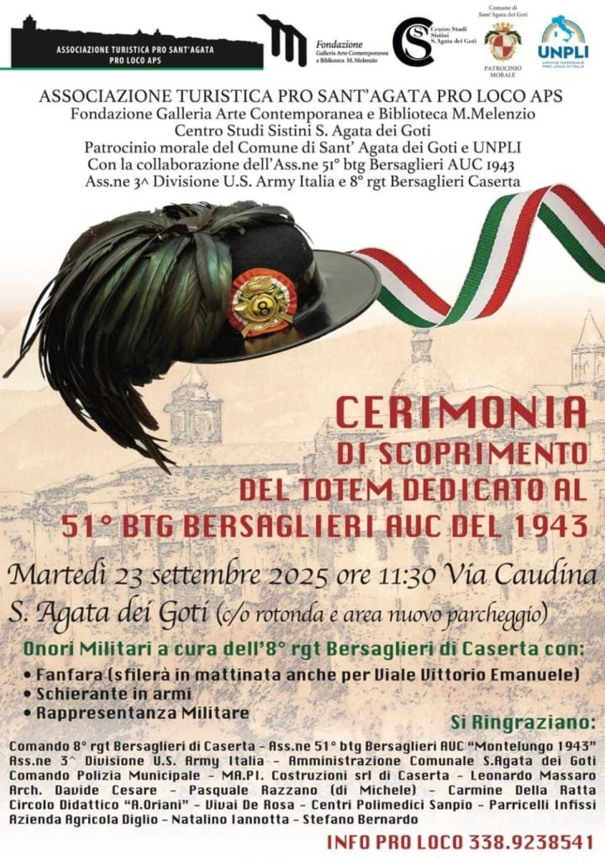 Sant'Agata dei Goti. Cerimonia di scoprimento del totem dedicato al 51° BTG Bersaglieri A.U.C. (1943). - 
