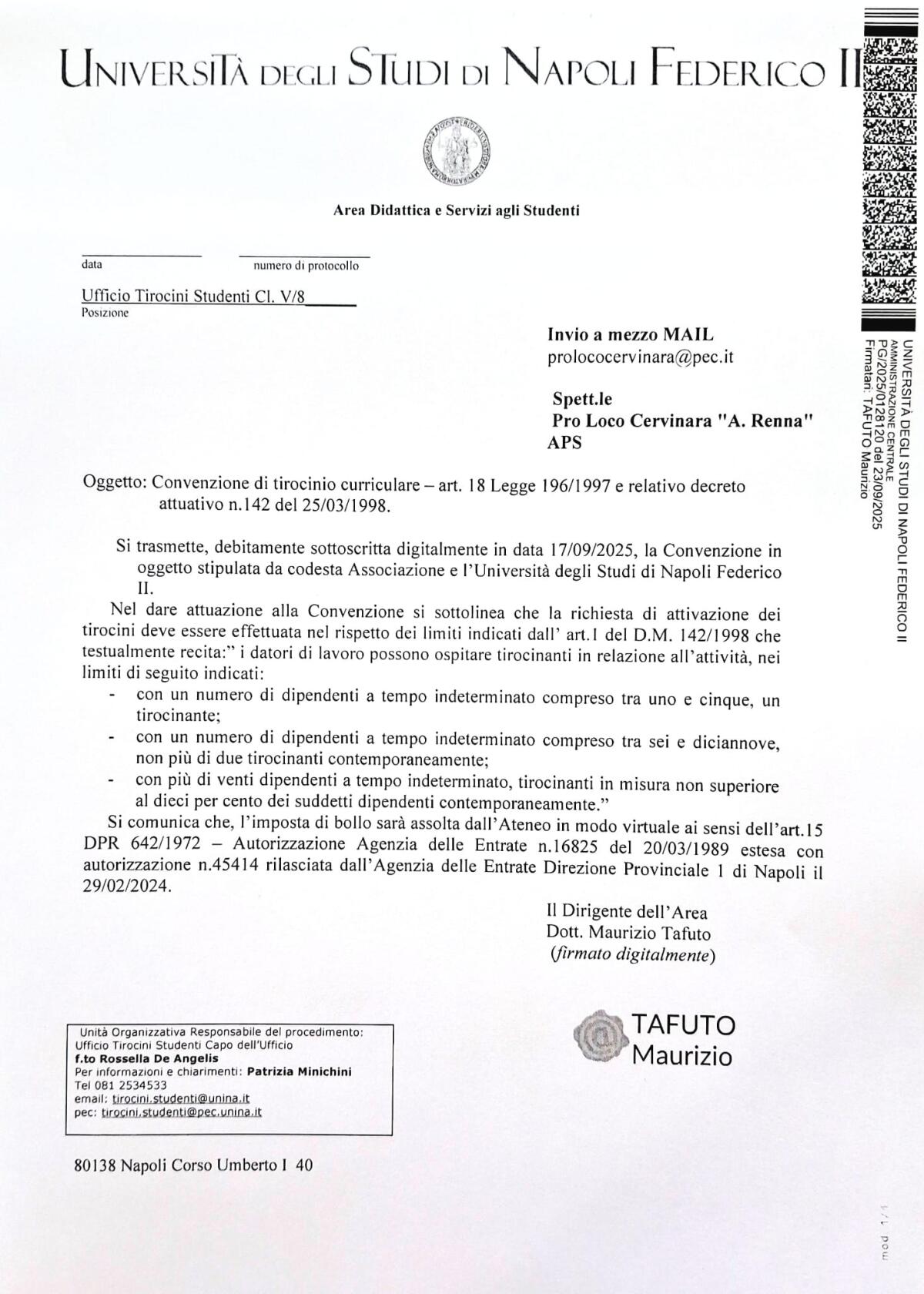 Si rinnova convenzione tra la Pro Loco Cervinara "A. Renna" APS e la Federico II. - 