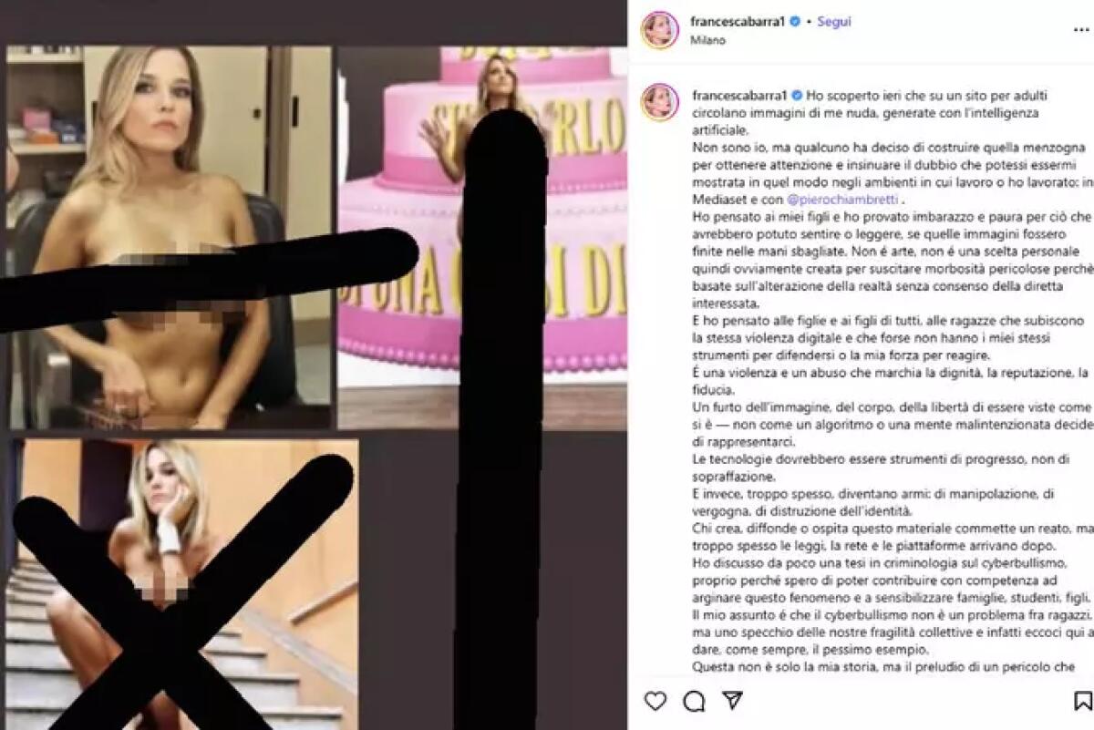 Francesca Barra, su sito per adulti mie foto nuda create con IA - 