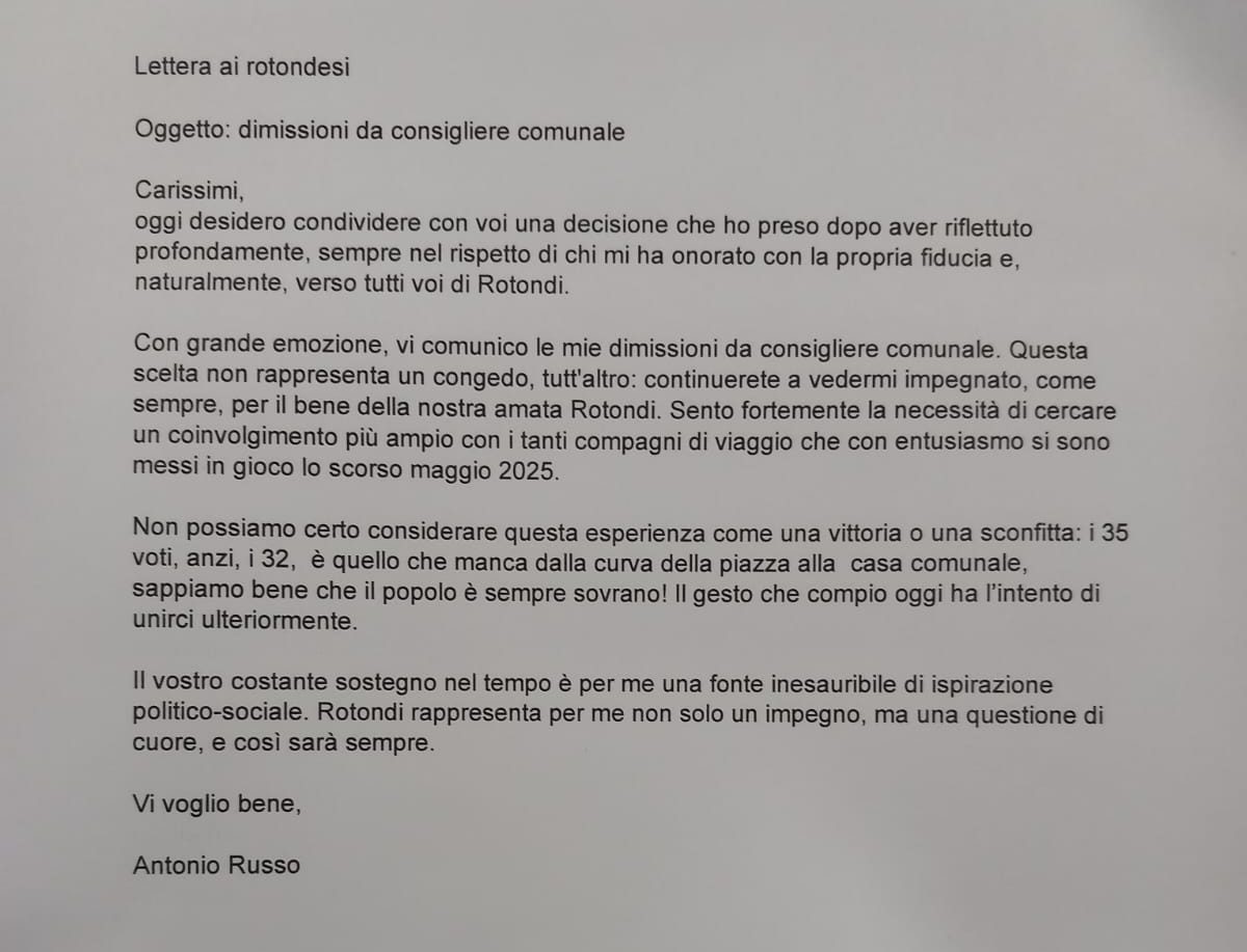 Rotondi. Antonio Russo si dimette da consigliere comunale