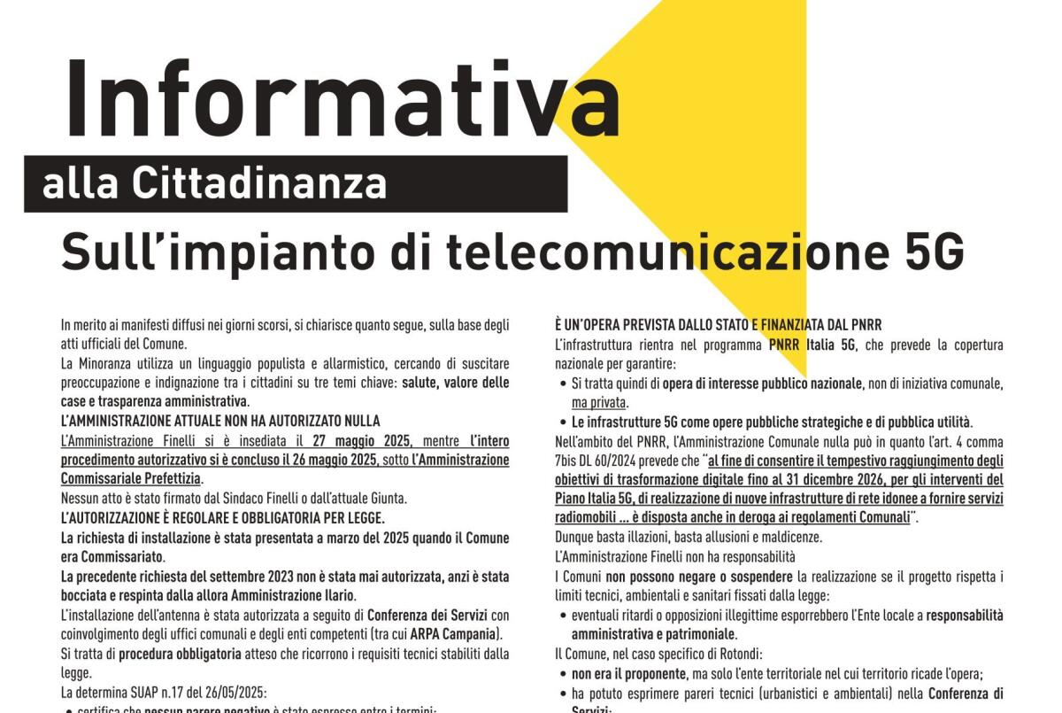 Rotondi. Antenna 5G, Amministrazione Comunale fa chiarezza: la salute pubblica non è messa in pericolo. - 