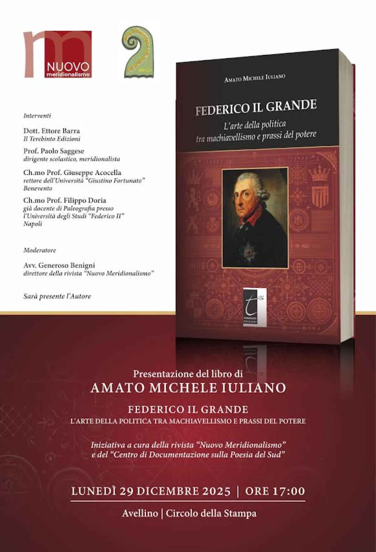 Federico il Grande tra Machiavelli e il potere: ad Avellino la presentazione del nuovo saggio di Amato Michele Iuliano - 