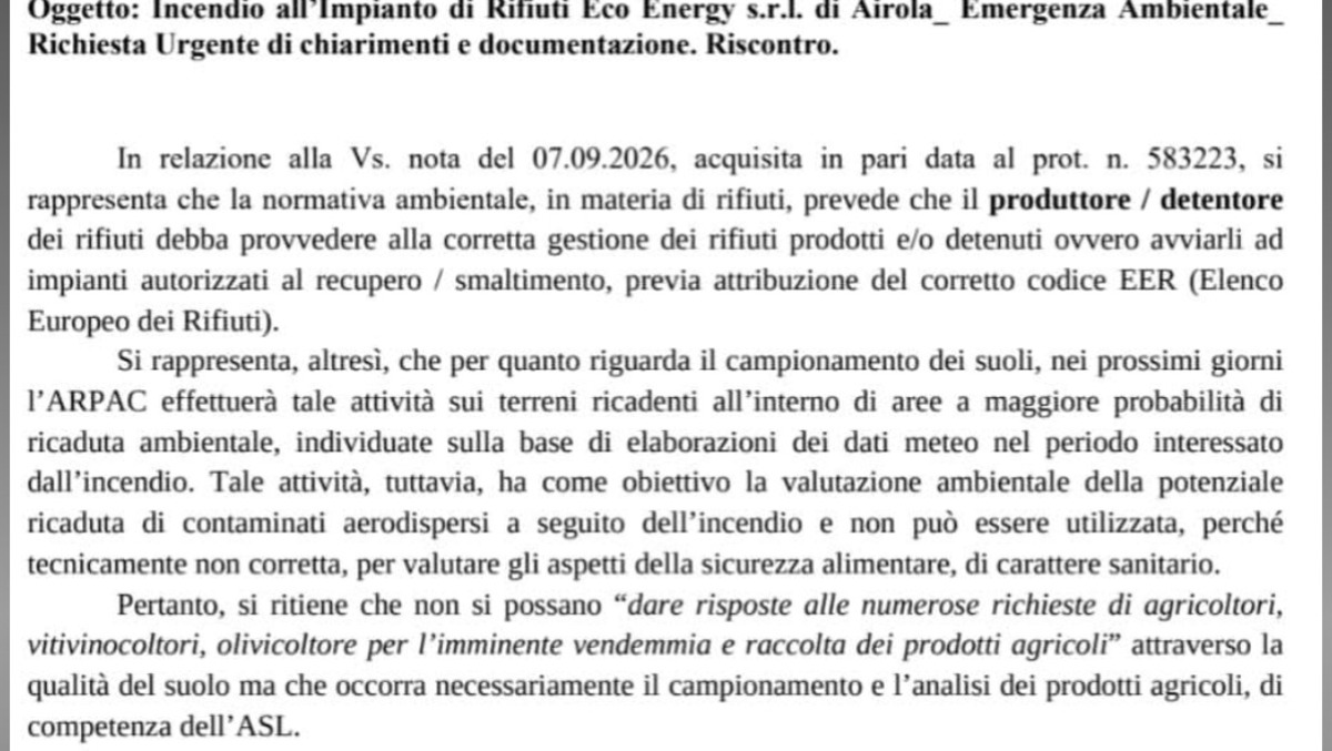 Incendio Eco Energy, l’Arpac analizza i suoli: per i prodotti agricoli decide l’Asl - 